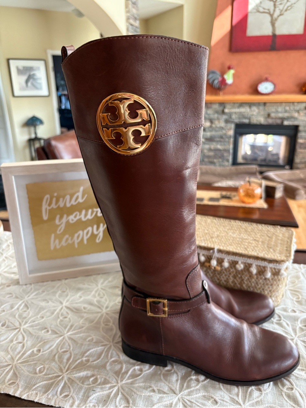 Tory Burch Adeline Riding Boots Almond Brown Leather Gold Logo Women’s Size 7.5